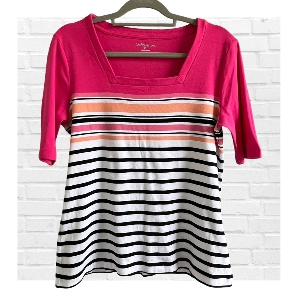 Croft and Barrow XL 100% Cotton Square Neck Striped Tunic Tee Shirt Half Sleeve
